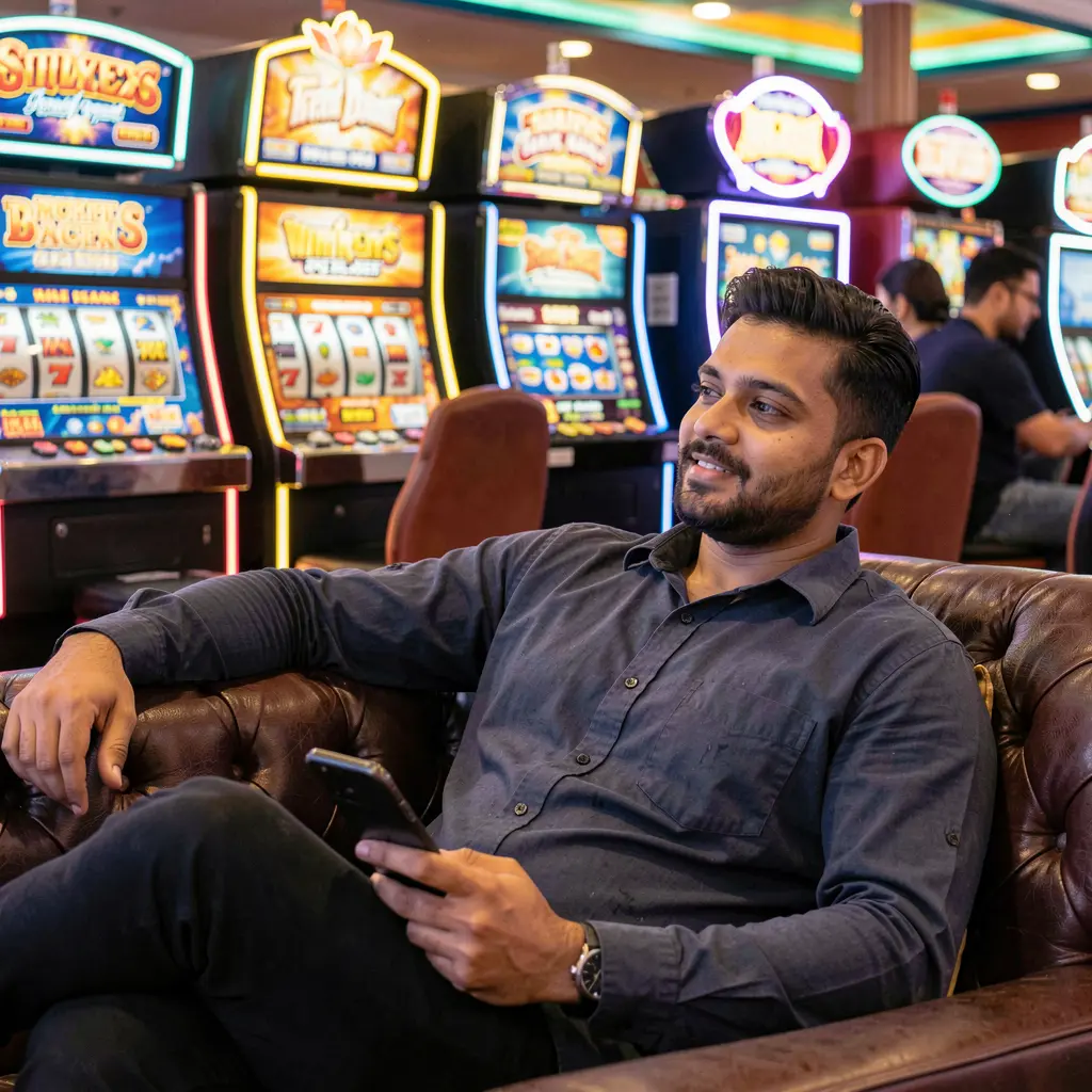 Focused Bangladeshi player using the 6NNN casino app on his phone with colorful slot machines glowing behind him