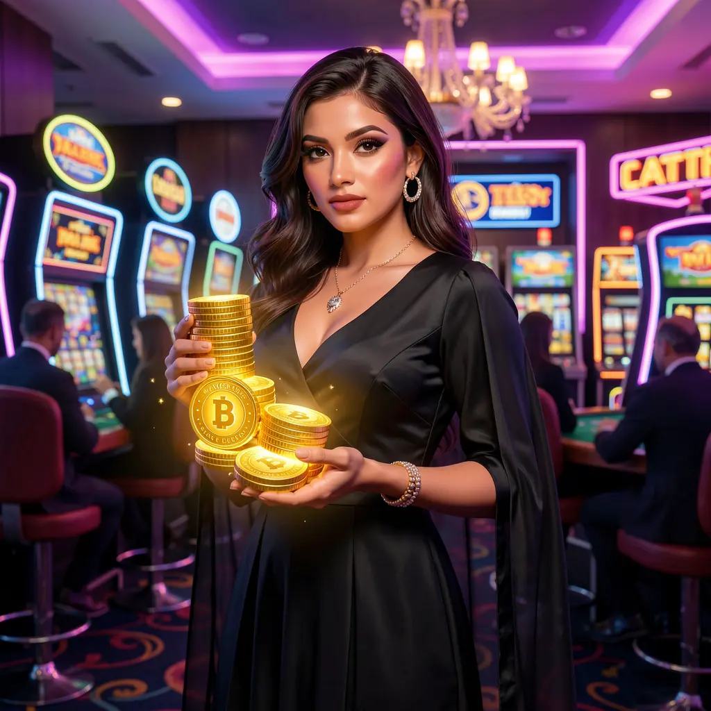 Confident woman holding casino chips in a vibrant gaming atmosphere highlighting the premium online casino experience at 6NNN for players in Bangladesh