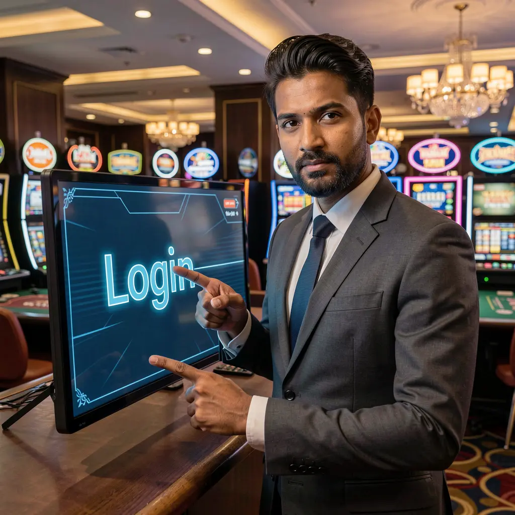 6NNN Login – Fast and reliable access to your gaming account in Bangladesh Confident Bangladeshi casino host pointing at a digital login screen inside the modern 6NNN casino environment
