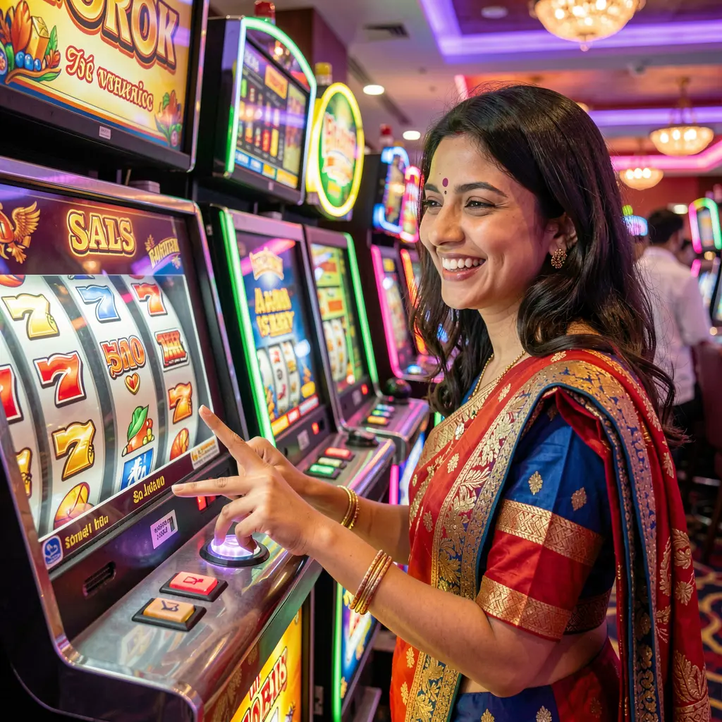 Close up of a smiling Bangladeshi woman pressing a slot machine button with glowing reels and neon lights on the 6NNN online casino platform